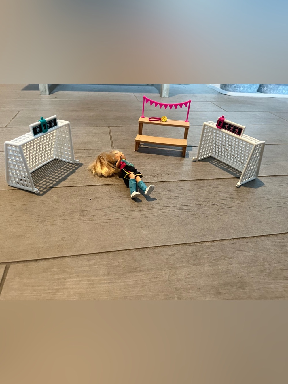 Barbie Chelsea soccer playset including 6” Chelsea doll, goal nets, picnic tabll